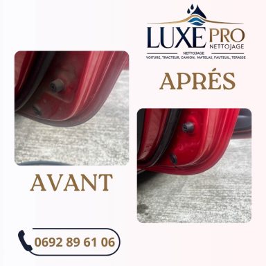 Comparaison avant et après d'un nettoyage de véhicule, montrant une finition nette.